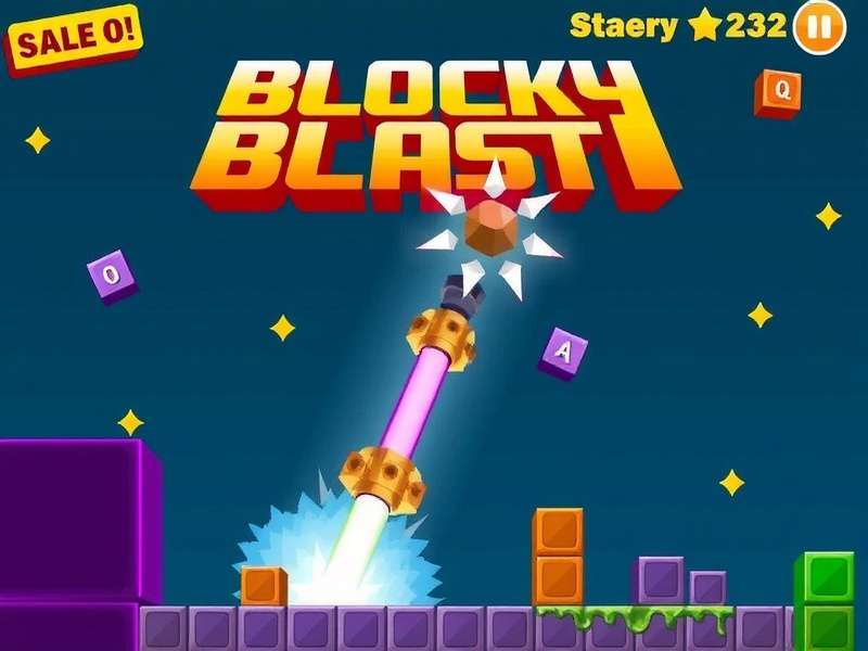 Blocky Blast gameplay screenshot showing 8x8 grid with colorful blocks and power-ups